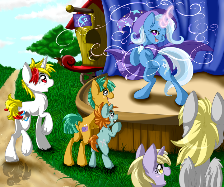 Size: 1800x1500 | Tagged: safe, artist:pinktabico, derpibooru import, derpy hooves, dinky hooves, snails, snips, trixie, oc, oc:conell, pegasus, pony, female, magic, mare, plot, rearing, smiling, stage, trixie's fans, wink