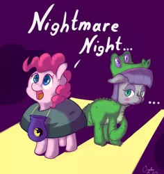 Size: 1700x1800 | Tagged: safe, artist:osakaoji, derpibooru import, boulder (pet), gummy, maud pie, pinkie pie, earth pony, pony, ..., blushing, clothes, colored pupils, costume, cute, dialogue, diapinkes, maudabetes, nightmare night, open mouth, rock