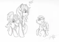 Size: 2515x1815 | Tagged: safe, artist:littlewolfstudios, derpibooru import, oc, oc:bubblepop, oc:kira, unofficial characters only, alicorn, pegasus, pony, female, filly, foal, friends, greeting, sketch, traditional art