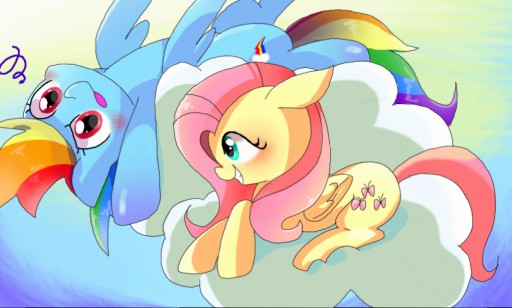 Size: 512x308 | Tagged: safe, artist:miki 14, derpibooru import, fluttershy, rainbow dash, pegasus, pony, cloud, duo, female, mare