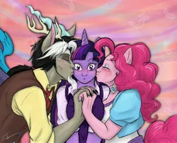 Size: 3282x2648 | Tagged: safe, artist:zabchan, derpibooru import, discord, pinkie pie, twilight sparkle, human, :o, bisexual, blushing, discolight, discopie, discord gets all the mares, eared humanization, eyes closed, female, horned humanization, humanized, kiss on the cheek, kiss sandwich, kissing, lesbian, lesbian in front of boys, male, ot3, pony coloring, shipping, straight, tailed humanization, twinkie