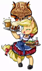 Size: 580x964 | Tagged: alcohol, applejack, artist:mococo, beer, bipedal, cider, clothes, dirndl, dress, food, german flag, germany, oktoberfest, one eye closed, safe, solo, tankard, waitress, wink