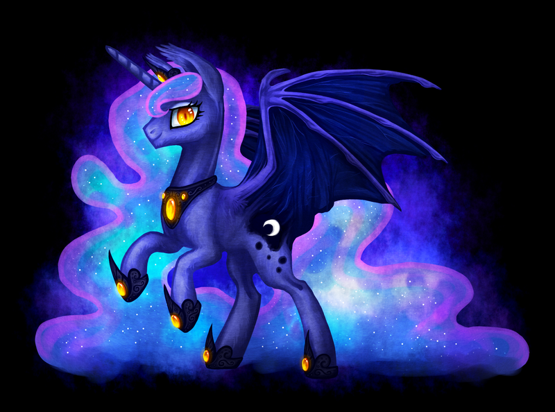 Size: 1732x1287 | Tagged: safe, artist:wolframclaws, derpibooru import, princess luna, bat pony, pony, lunabat, race swap, rearing, solo