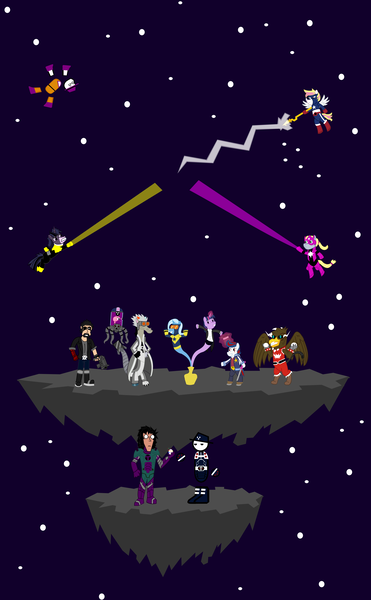 Size: 2652x4287 | Tagged: safe, artist:jewelsfriend, derpibooru import, trixie, twilight sparkle, oc, draconequus, genie, gryphon, pony, bipedal, booster gold, brain, brainiac, brainy twilight, crossover, darkseid, fedora, general zod, hat, lex luthor, lobo, mr. mxyzptlk, parody, snowflame, space dandy, star sapphire, stargirl, werelight shine, yahtzee, yellow lantern, zatanna