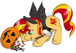 Size: 2841x1999 | Tagged: safe, artist:lyx-d, derpibooru import, sunset shimmer, pony, unicorn, candy, clothes, costume, jack-o-lantern, nightmare night costume, pumpkin bucket, simple background, solo, transparent background