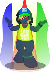 Size: 5446x7724 | Tagged: safe, artist:gray-gold, derpibooru import, oc, oc:crunchy, unofficial characters only, anthro, absurd resolution, anthro oc, bipedal, clothes, fat fingers, glowstick, hat, male, neon, rave, shirt, solo, stallion, vector