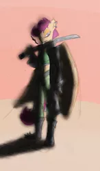 Size: 674x1155 | Tagged: anthro, artist:magello, cigarette, colored, derpibooru import, katana, safe, scootaloo, solo, sword, weapon