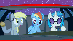 Size: 700x394 | Tagged: safe, artist:toxicalien2014, derpibooru import, derpy hooves, rainbow dash, vinyl scratch, pegasus, pony, animated, car, cd, driving, female, flash, headbob, mare, muffin, night at the roxbury, parody, parody of a parody, scrunchy face, snow, snowfall, what is love