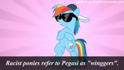 Size: 1280x720 | Tagged: safe, derpibooru import, rainbow dash, pegasus, pony, caption, female, hat, headcanon, image macro, mare, racial slur, racism, redpilled-mlp-headcanons, solo, sunglasses, text