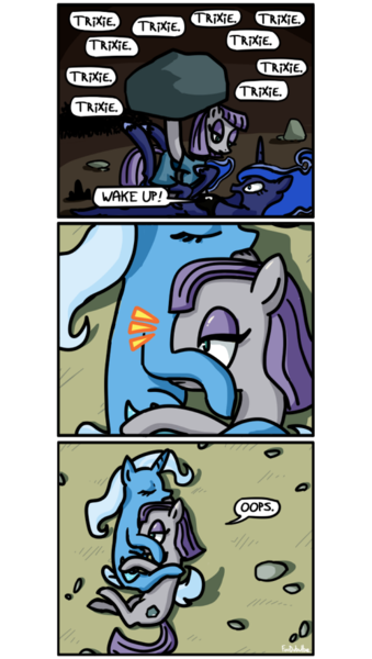 Size: 500x886 | Tagged: safe, artist:foudubulbe, derpibooru import, maud pie, princess luna, trixie, pony, unicorn, comic:damp rocks, boulder, comic, dream, female, lesbian, mare, mauxie, rock, shipping