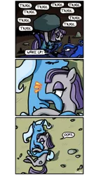 Size: 500x886 | Tagged: safe, artist:foudubulbe, derpibooru import, maud pie, princess luna, trixie, pony, unicorn, comic:damp rocks, boulder, comic, dream, female, lesbian, mare, mauxie, rock, shipping