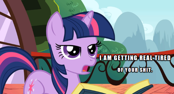 Size: 610x331 | Tagged: book, derpibooru import, getting real tired of your shit, image macro, meme, reading, safe, screencap, solo, twilight sparkle, unamused, vulgar