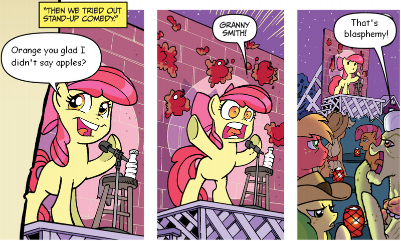 Size: 940x565 | Tagged: safe, derpibooru import, edit, idw, apple bloom, apple fritter, applejack, babs seed, big macintosh, granny smith, earth pony, pony, friends forever, spoiler:comic, spoiler:comicff2, apple, apple bloom's bad joke, blasphemy, brick wall, exploitable, exploitable meme, image macro, male, meme, microphone, stage, stallion, stand-up comedy, stool, water bottle