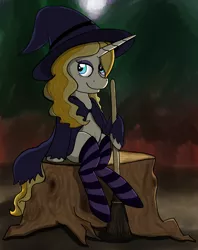 Size: 1024x1291 | Tagged: artist:lumenglace, broom, clothes, costume, derpibooru import, halloween, hat, moonlight, nightmare night, nightmare night costume, oc, oc:stella lux, socks, striped socks, suggestive, unofficial characters only, witch, witch hat