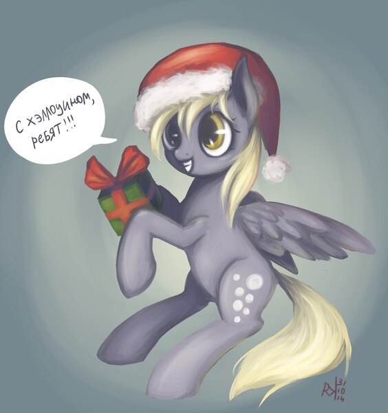 Size: 1925x2048 | Tagged: safe, artist:nyarinni, derpibooru import, derpy hooves, pegasus, pony, christmas, female, halloween, hat, mare, russian, santa hat, solo