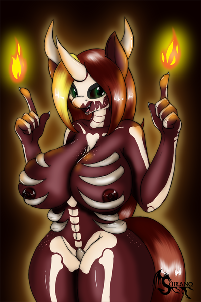 Size: 1080x1620 | Tagged: anthro, anthro oc, artist:suirano, big breasts, breasts, derpibooru import, female, fire, halloween, nightmare night, nipples, nudity, oc, oc:fire eclipse, questionable, solo, solo female, unofficial characters only