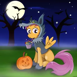 Size: 1400x1400 | Tagged: artist:milanoss, candy, clothes, costume, derpibooru import, full moon, halloween, holiday, jack-o-lantern, moon, mouth hold, night, nightmare night, pumpkin, safe, scootaloo, solo