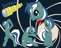 Size: 2000x1600 | Tagged: safe, artist:theclopshop, derpibooru import, oc, oc:skyfall, unofficial characters only, pony, unicorn, cravat, cutie mark, female, gunbarrel, martial arts, reference sheet, solo, spy, spypone