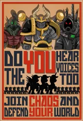 Size: 1280x1872 | Tagged: safe, artist:ahrimatt, derpibooru import, earth pony, pegasus, pony, unicorn, armor, chaos, cultist, fanfic art, fanfic cover, heresy, heretek, iron warriors, marching, pointing, poster, propaganda, raised hoof, silhouette, techpriest, warhammer (game), warhammer 40k