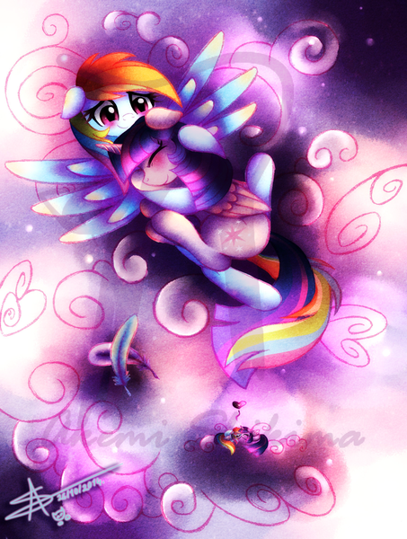 Size: 1511x2000 | Tagged: safe, artist:shikimaakemi, derpibooru import, rainbow dash, twilight sparkle, twilight sparkle (alicorn), alicorn, pony, blushing, cloud, cloudy, cuddling, dark, eyes closed, feather, female, floppy ears, heart, holding, hug, kissing, lesbian, mare, my little squishy, on back, prone, shipping, smiling, snuggling, spread wings, twidash