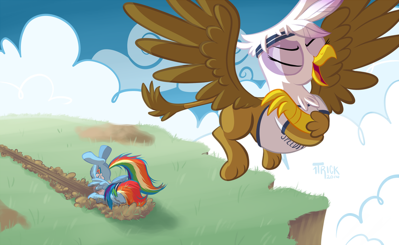 Size: 1200x738 | Tagged: safe, artist:1trick, derpibooru import, gilda, rainbow dash, gryphon, crash, crash landing, dirt, faceplant, female, filly, flying, junior speedsters, rainbow crash, younger