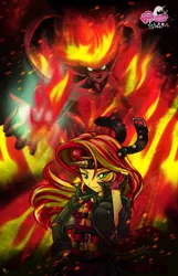 Size: 1030x1600 | Tagged: artist:mauroz, belt, derpibooru import, fiery shimmer, fire, horn, human, humanized, my little pony logo, safe, sunset satan, sunset shimmer