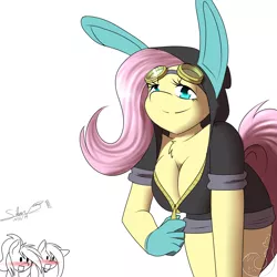 Size: 1500x1500 | Tagged: adorasexy, anthro, artist:silverfox057, big breasts, blushing, breasts, bunny ears, busty fluttershy, chest fluff, cleavage, clothes, costume, cute, dangerous mission outfit, derpibooru import, female, fluttershy, gloves, hoodie, pegasus, sexy, simple background, smiling, solo, solo female, suggestive, white background