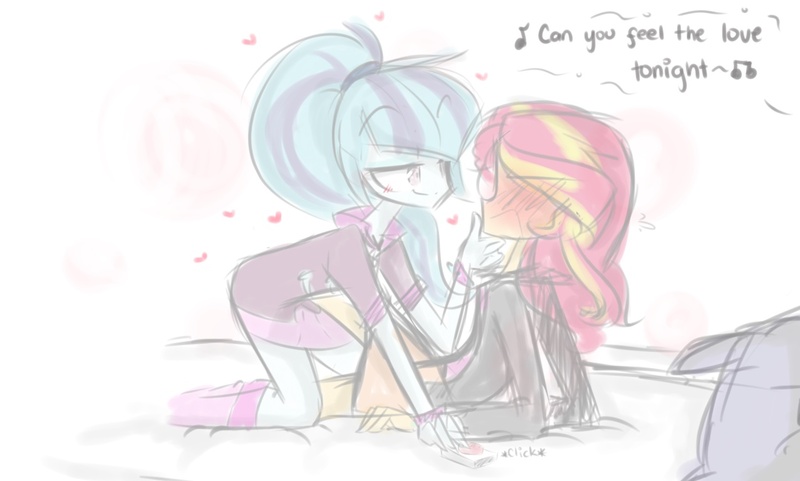 Size: 1277x768 | Tagged: suggestive, artist:jankrys00, derpibooru import, sonata dusk, sunset shimmer, equestria girls, and then sex happened, blushing, cute, disney, female, heart, imminent sex, lesbian, shipping, sketch, sonatabetes, sunata, the lion king