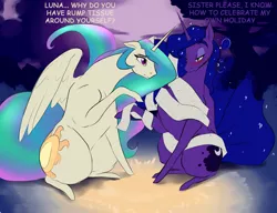 Size: 910x700 | Tagged: safe, artist:nivrozs, derpibooru import, princess celestia, princess luna, alicorn, pony, bedroom eyes, blushing, confused, dialogue, drunk, drunk luna, female, floppy ears, frown, halloween, mare, missing accessory, moonbutt, mummy, nightmare night, open mouth, pointing, raised hoof, sitting, spread wings, sunbutt, toilet paper