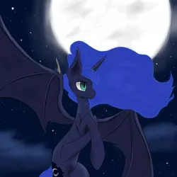 Size: 1400x1400 | Tagged: safe, artist:muffinsforever, derpibooru import, princess luna, alicorn, bat pony, bat pony alicorn, pony, flying, lunabat, moon, night, race swap, solo