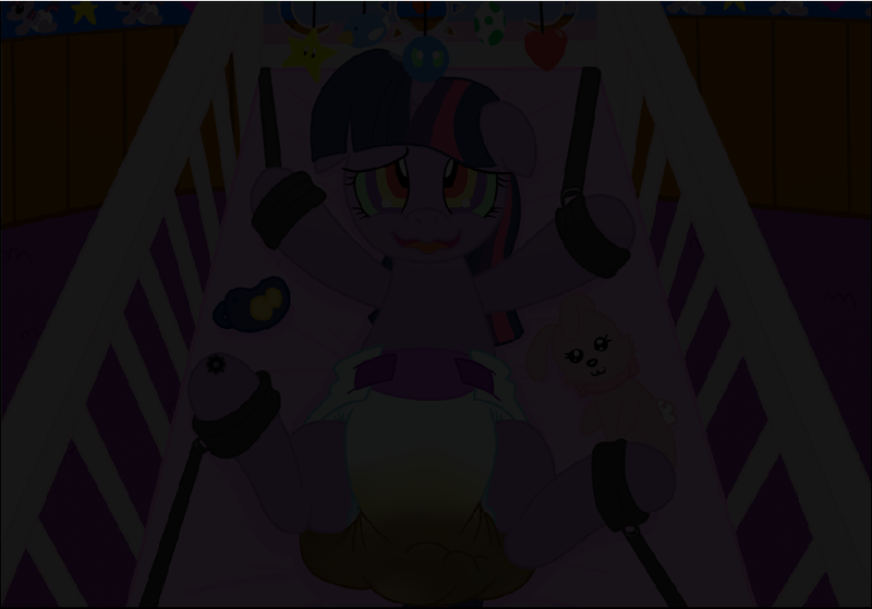 Size: 916x640 | Tagged: artist:fillyscoots42, bondage, crib, crib mobile, cuffs, dark, derpibooru import, diaper, diaper fetish, hypnosis, hypnotized, mental regression, messy diaper, pacifier, plushie, poop, questionable, scat, solo, straps, super crinkle pony adventure 64, twilight sparkle, urine, wet diaper