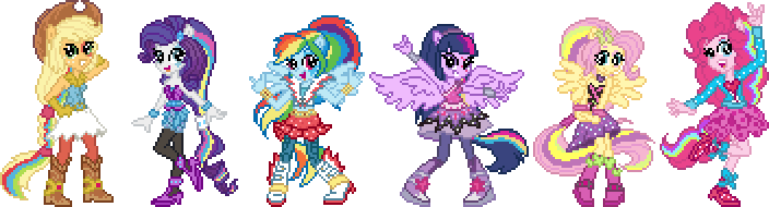 Size: 704x190 | Tagged: safe, artist:botchan-mlp, derpibooru import, applejack, fluttershy, pinkie pie, rainbow dash, rarity, twilight sparkle, twilight sparkle (alicorn), equestria girls, rainbow rocks, box art, desktop ponies, mane six, pixel art, ponied up, simple background, sprite, the rainbooms, transparent background