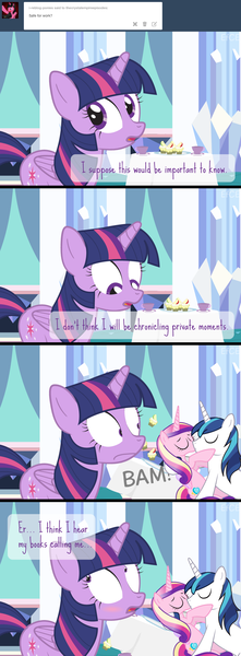 Size: 940x2556 | Tagged: safe, artist:dm29, derpibooru import, princess cadance, shining armor, twilight sparkle, twilight sparkle (alicorn), alicorn, pony, ask, blushing, episodes from the crystal empire, female, inconvenient making out cadance and shining armor, kissing, male, mare, shiningcadance, shipping, straight, tumblr, wide eyes