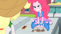 Size: 812x457 | Tagged: safe, derpibooru import, edit, edited screencap, screencap, applejack, pinkie pie, equestria girls, rainbow rocks, balloon, boots, bracelet, clothes, cowboy hat, exodia, hat, high heel boots, jewelry, skirt, yu-gi-oh!