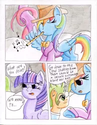 Size: 786x1016 | Tagged: safe, artist:the1king, derpibooru import, rainbow dash, twilight sparkle, twilight sparkle (alicorn), alicorn, pony, comic:fluttershy and the rainbow factory, fanfic:rainbow factory, comic, crossover, female, flute, mare, musical instrument, parody, traditional art, willy wonka, willy wonka and the chocolate factory, wing hands