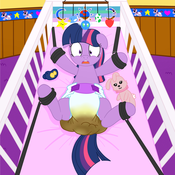 Size: 3000x3000 | Tagged: adult foal, artist:fillyscoots42, binky, bondage, crib, cuffs, derpibooru import, diaper, diaper bondage, diaper fetish, diaper slave, floppy ears, horn, messy diaper, nursery, open mouth, pacifier, poop, questionable, scat, shrunken pupils, super crinkle pony adventure 64, twilight sparkle, urine, wet diaper