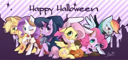 Size: 1382x653 | Tagged: safe, artist:ashitaka_kiyu, derpibooru import, applejack, fluttershy, pinkie pie, rainbow dash, rarity, twilight sparkle, blushing, clothes, costume, cute, dashabetes, diapinkes, halloween, jackabetes, mane six, one eye closed, pixiv, raribetes, shyabetes, twiabetes, wink