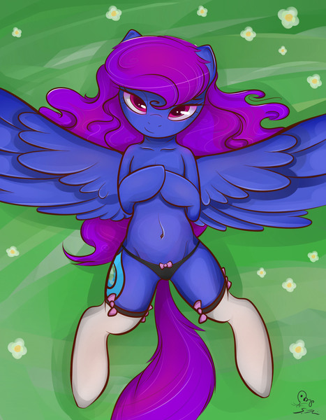 Size: 2000x2572 | Tagged: questionable, artist:sosweetntasty, derpibooru import, oc, unofficial characters only, pegasus, pony, bedroom eyes, belly button, bow, clothes, looking at you, lying, on back, panties, ribbon, spread wings, stockings, underwear