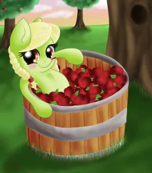 Size: 2200x2500 | Tagged: apple, artist:jonnysalami, barrel, derpibooru import, granny smith, safe, solo, tree, young granny smith