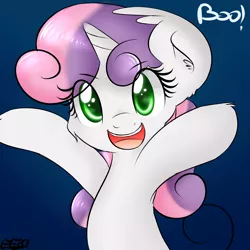 Size: 1280x1280 | Tagged: safe, artist:freefraq, derpibooru import, sweetie belle, 30 minute art challenge, adorable face, boo, cute, diasweetes, solo, spooky, weapons-grade cute