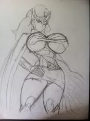 Size: 1936x2592 | Tagged: anthro, armor, artist:demorgorgon, bedroom eyes, big breasts, breasts, busty queen umbra, clothes, corset, derpibooru import, female, gauntlet, king sombra, queen umbra, rule 63, sexy, skirt, suggestive, the scent: lust of mares, thighs, unconvincing armor, underboob, upskirt