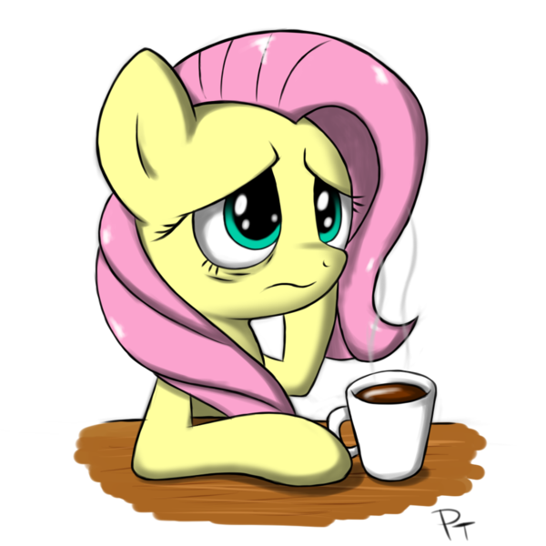 Size: 1000x1000 | Tagged: safe, artist:laffy372, derpibooru import, fluttershy, coffee, solo, tired eyes