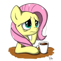 Size: 1000x1000 | Tagged: safe, artist:laffy372, derpibooru import, fluttershy, coffee, solo, tired eyes