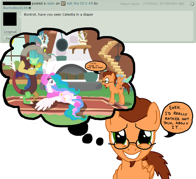 Size: 4406x4033 | Tagged: questionable, artist:boxtrot, derpibooru import, discord, princess celestia, oc, oc:boxtrot, alicorn, pegasus, pony, absurd resolution, adult foal, baby bottle, bonnet, booties, caught, clothes, diaper, diaper fetish, fluttershy's cottage, pacifier, poofy diaper, question