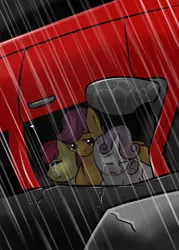 Size: 500x700 | Tagged: apple bloom, artist:kloudmutt, car, car accident, car crash, crying, cutie mark crusaders, derpibooru import, rain, scootaloo, semi-grimdark, sweetie belle