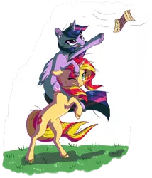 Size: 844x984 | Tagged: safe, artist:tami-kitten, derpibooru import, sunset shimmer, twilight sparkle, twilight sparkle (alicorn), alicorn, pony, unicorn, floppy ears, paper, piggyback ride, rearing, simple background, tongue out, transparent background, wind, windswept mane