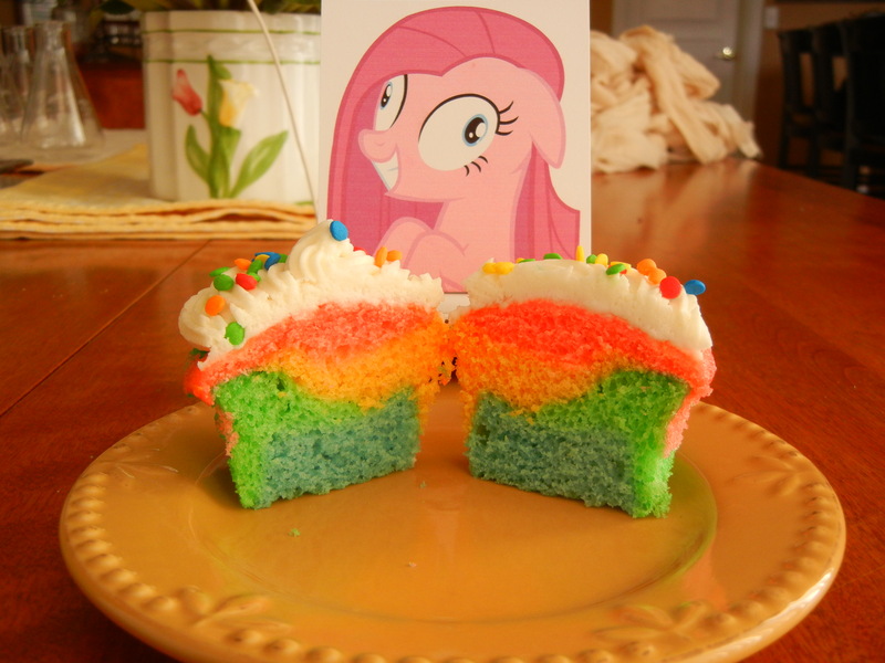 Size: 3264x2448 | Tagged: safe, derpibooru import, pinkie pie, earth pony, pony, cupcake, food, irl, photo, pinkamena diane pie, rainbow, rainbow cupcake, waifu dinner