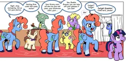 Size: 1200x585 | Tagged: safe, artist:muffinshire, derpibooru import, twilight sparkle, oc, oc:bumble breeze, oc:dewy oak, oc:flyleaf, oc:swirling star, unnamed oc, pegasus, pony, unicorn, comic:twilight's first day, annoyed, camera, colt, comic, female, filly, glasses, hoof tapping, library, male, mare, open mouth, preview, raised hoof, saddle bag, stallion, stomping, tapping, wip, younger