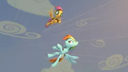 Size: 3840x2160 | Tagged: safe, artist:epiclper, derpibooru import, rainbow dash, scootaloo, pegasus, pony, 3d, cloud, flying, goggles, motion blur, scootaloo can fly, sky, source filmmaker, wind, wings