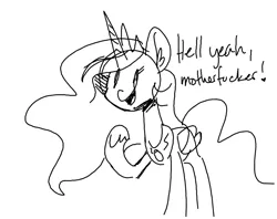 Size: 857x678 | Tagged: artist:goat train, derpibooru import, happy, monochrome, open mouth, princess celestia, raised hoof, safe, sketch, solo, vulgar